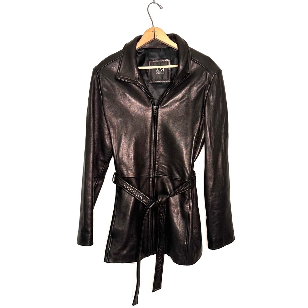 AM Studio | Black Front Zip Belted Leather Jacket Size XL